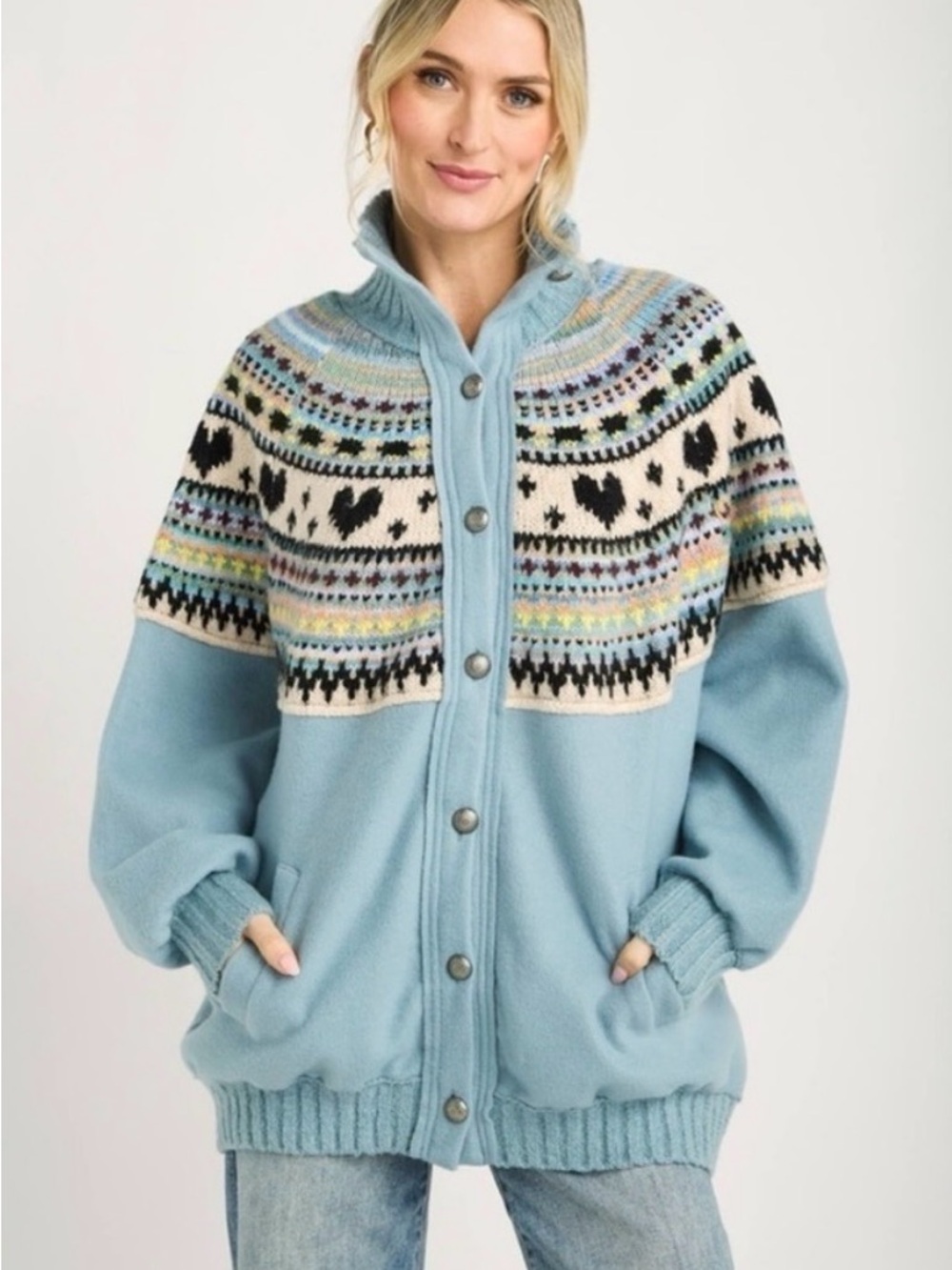 Free People Light Blue Fair Isle Button-Up Knit Cardigan